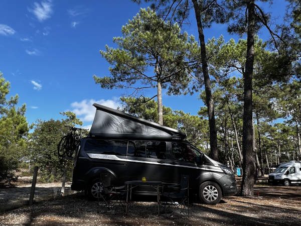 Camper Nugget Plus am Campingplatz in einem Pinienwald am Atlantik.